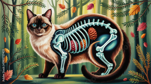 Surreal Siamese Cat Anatomy Illustration in Forest with Visible Skeleton Organs Pinecones and Autumn Leaves Fantasy Art