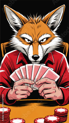 Cunning fox poker player holding cards at casino table with chips, bold comic illustration on black background