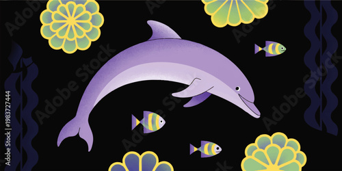Playful purple dolphin swimming with colorful tropical fish, coral flowers and seaweed in whimsical underwater illustration