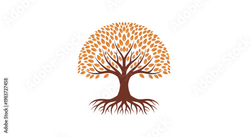 Vibrant Tree with Autumn Leaves and Exposed Roots.