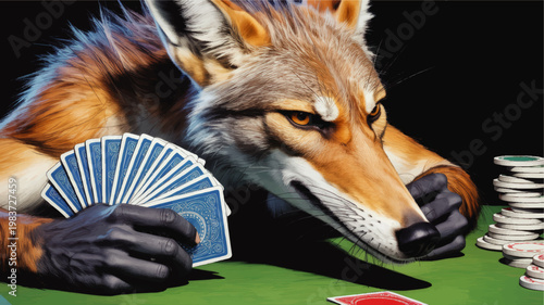 Clever Fox Playing Poker at Casino Table with Cards and Chips, Dramatic Animal Gambling Illustration on Black Background