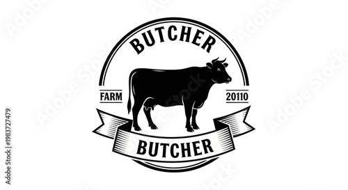 Vintage Butcher Shop Logo with Cow Silhouette and Ribbon Banner Design.