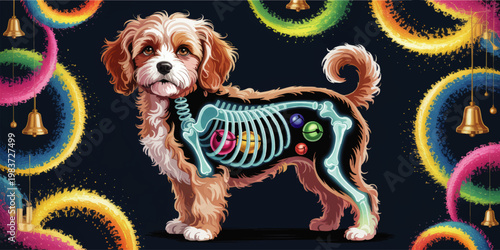 Festive dog anatomy illustration with glowing skeleton and colorful jingle bells on dark background, whimsical holiday pet art