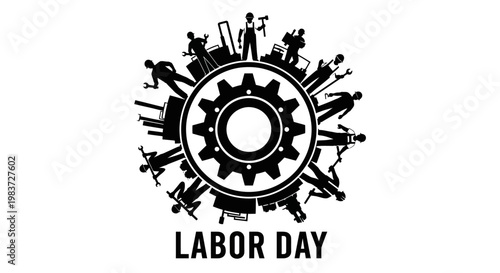 Industrial gear surrounded by diverse worker silhouettes and "Labor Day" text, symbolizing various professions and the importance of labor, on an isolated white background.