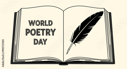 Open book with a classic quill pen resting on its pages, featuring "World Poetry Day" text, celebrating literature and creative writing on a light background.