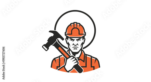 Retro style illustration of a determined construction worker in a hard hat holding a hammer, symbolizing labor and craftsmanship, on an isolated white background.