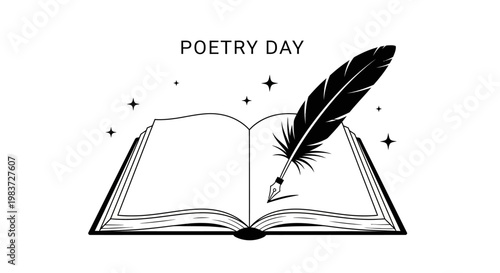 Elegant outline of an open book with a quill pen and "Poetry Day" text surrounded by stars, celebrating creative writing on an isolated white background.
