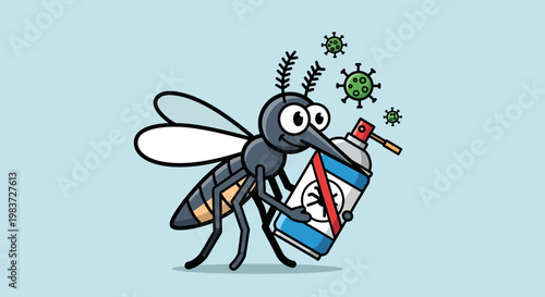 Cartoon mosquito holding an insecticide spray bottle, surrounded by virus particles, symbolizing pest control and disease prevention on a light blue background.