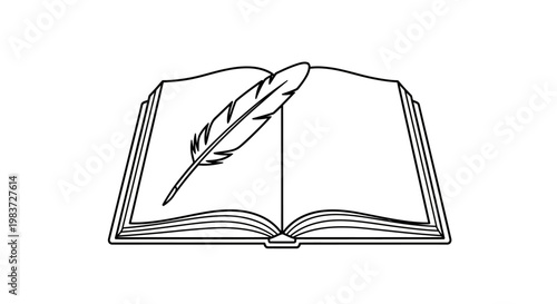 Outline drawing of an open book with a classic quill pen resting on its pages, representing literature and creative writing, on an isolated white background.