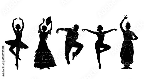 Silhouettes of diverse dancers performing various graceful and dynamic poses, celebrating different dance styles, on an isolated white background.