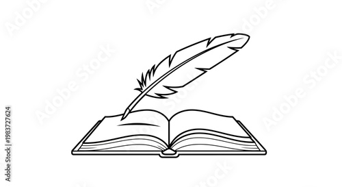 Open book with a classic quill pen resting on its pages, symbolizing literature and creative writing, on an isolated white background.