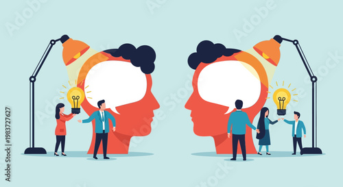 Two human heads with lightbulbs and speech bubbles symbolizing idea sharing, communication, and creative thinking among small people in a bright studio.