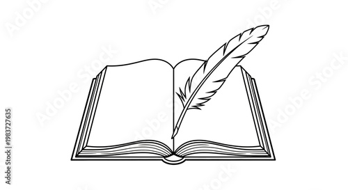 Line art illustration of an open book with a feather quill pen, symbolizing literature, writing, and education on an isolated white background.