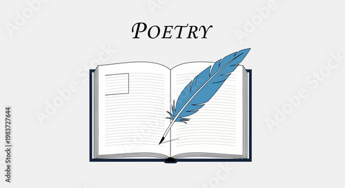 Open book with "POETRY" written on a page and a blue feather quill pen, symbolizing literature and creative writing on a bright studio background.