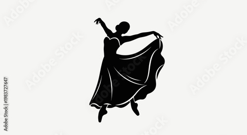 Expressive folk dancer woman silhouette in a flowing skirt, captured in a dynamic performance pose on an isolated white background.