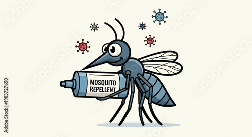Cartoon mosquito holding a tube of mosquito repellent, with virus icons, symbolizing pest control and disease prevention on a bright studio background.