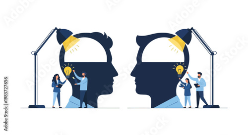 Creative people developing ideas and insights within stylized human head silhouettes, symbolizing collaborative innovation and problem-solving on a bright studio background.