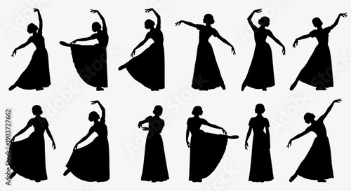 Assortment of elegant ballet dancer women silhouettes in various graceful poses on an isolated white background.