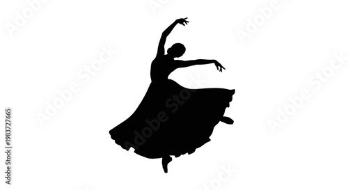 Graceful ballet dancer woman silhouette in a flowing dress, captured in an elegant pose on an isolated white background.