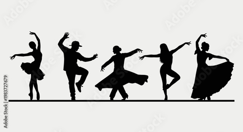 Diverse group of five dancer silhouettes in various styles performing together on a bright studio background, illustrating unity in movement.