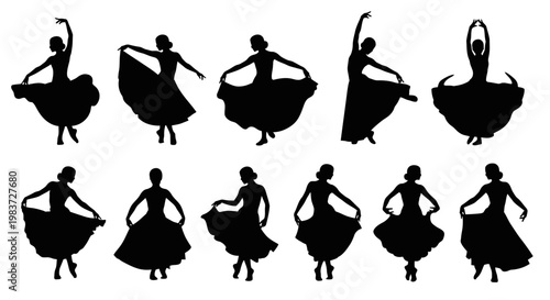 Dynamic collection of flamenco dancer women silhouettes in traditional dresses, showcasing passionate movement on an isolated white background.