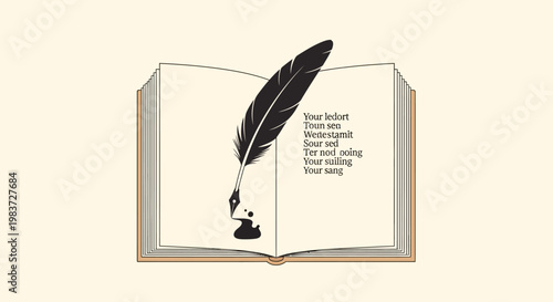 Vintage open book with a classic feather quill pen and ink, ready for writing poetry or literature, in a warm studio setting.