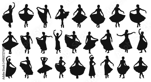 Collection of elegant ballet dancer women silhouettes in various graceful poses on an isolated white background, showcasing art and movement.