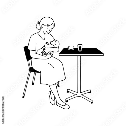 A commercial black and white line drawing of a woman nursing her infant in a peaceful public setting, emphasizing maternal care and modern motherhood.