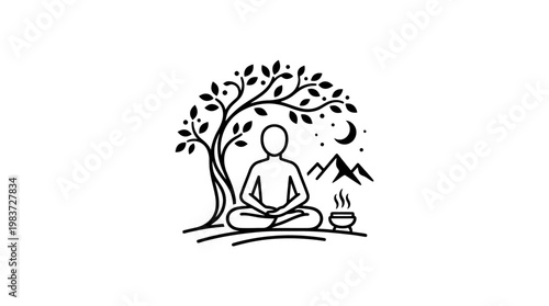 Meditating Figure Under a Tree with Mountains and Moon