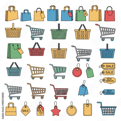 Shopping carts and bags icons set.