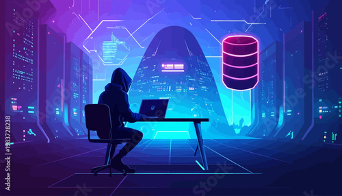 Hacker Working on Laptop in Neon Cyber Security Environment.