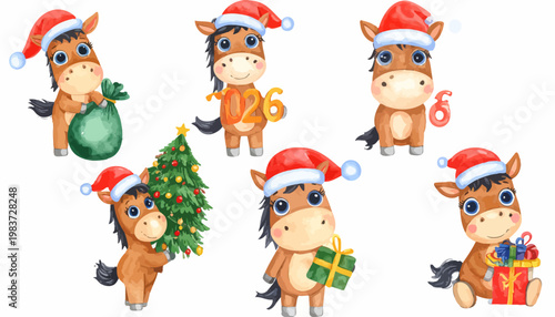 Cute Cartoon Horses Celebrate Christmas with Santa Hats and Festive Gifts.