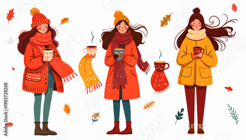 Young Women Enjoying Warm Autumn Drinks in Cozy Winter Attire.