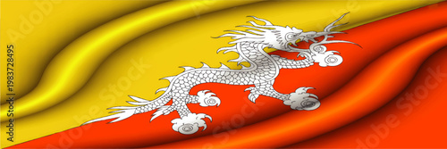 White Bhutan Dragon on Flowing Yellow and Orange Abstract Background, Traditional Himalayan Symbol Illustration