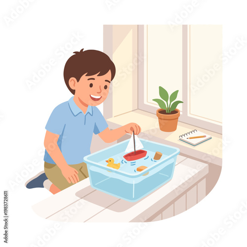Happy young boy playing with toy boats and rubber ducks in a water container indoors.
