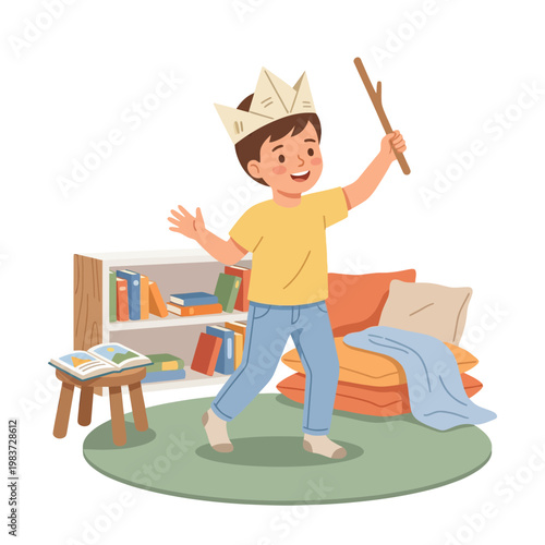 Happy Young Boy Playing with Paper Crown and Wooden Stick as a Magic Wand.