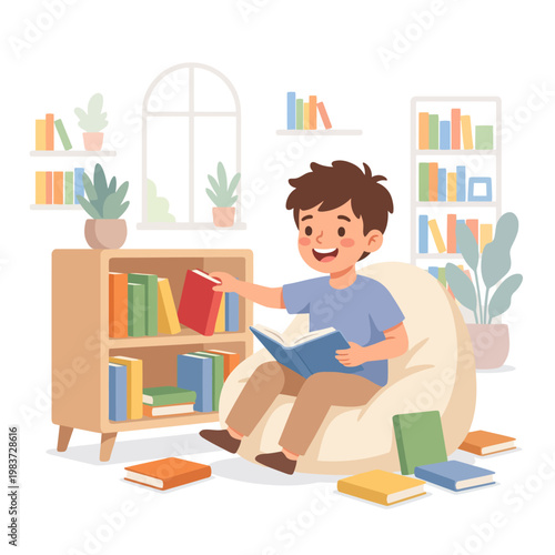 Happy young boy reading a book while sitting in a beanbag chair.