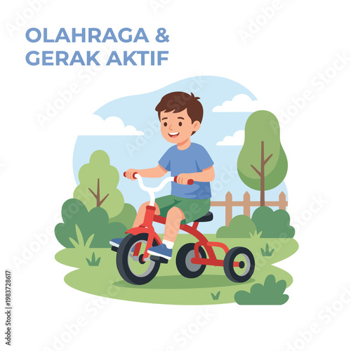 Happy young boy riding a red tricycle illustration.