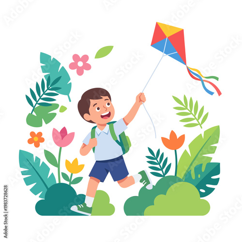 Happy young boy running and flying a colorful kite.