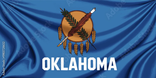 Oklahoma State Flag with Dreamcatcher Shield on Blue Fabric Background, Native Symbol Illustration and Bold State Name Design