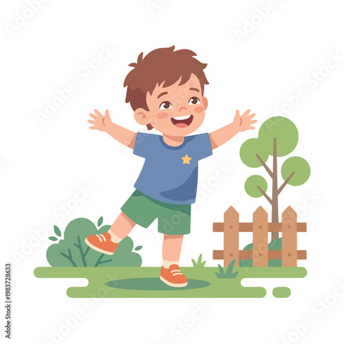 Happy young boy with arms outstretched smiling cheerfully outdoors.