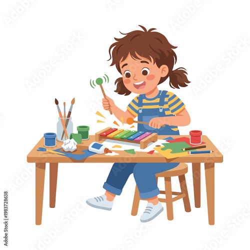 Happy Young Girl Playing Xylophone and Creating Art at a Desk.