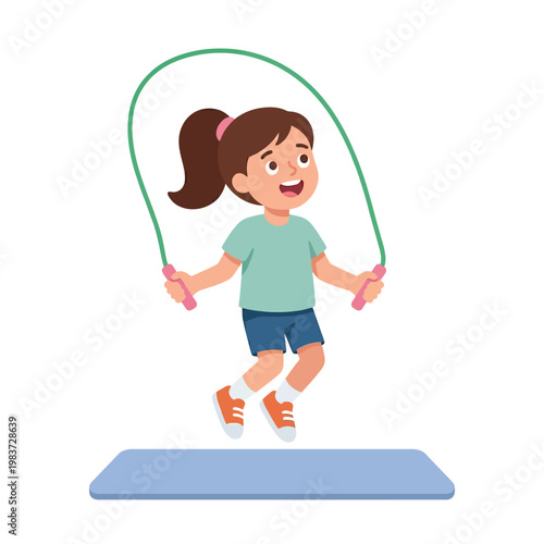 Happy young girl jumping rope on a blue exercise mat vector illustration.