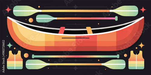 Colorful canoe with paddles and life jackets on dark background, modern flat vector illustration for outdoor adventure travel
