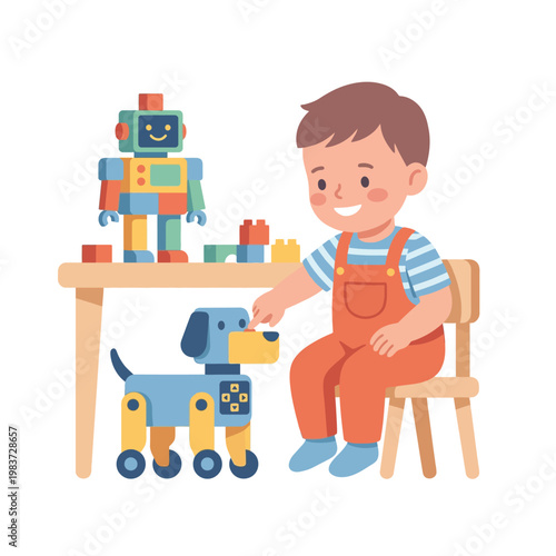 Little boy playing with robot toys at a small table.