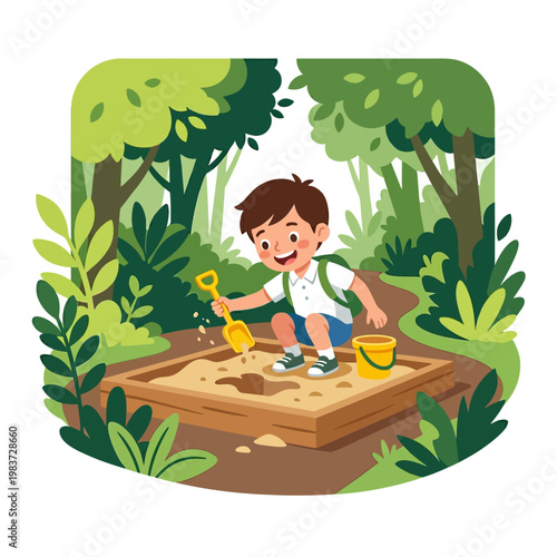 Little boy playing with shovel in wooden sandbox in a forest park.