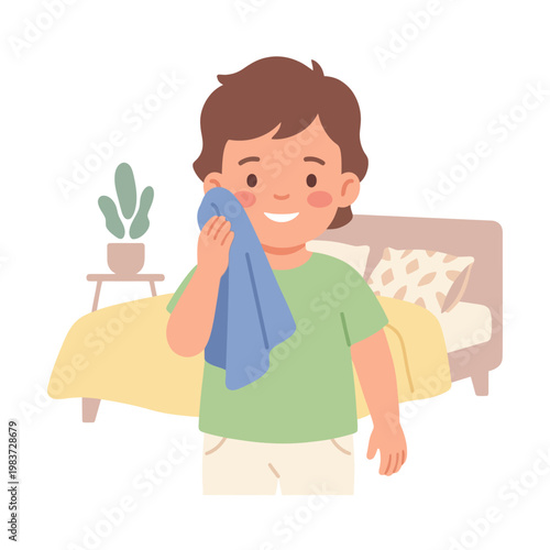 Little boy wiping his face with a blue towel after washing.
