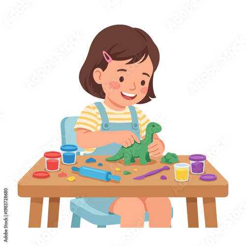 Little Girl Creating Green Dinosaur from Colorful Modeling Clay at Table.
