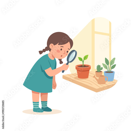 Little girl examining a small green plant with a magnifying glass indoors.