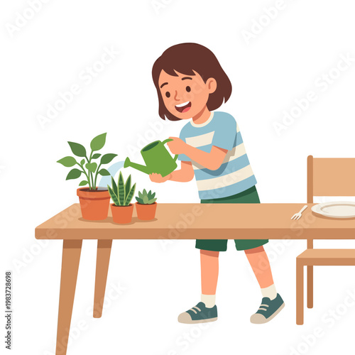 Little Girl Watering Houseplants on a Wooden Table Cartoon Illustration.